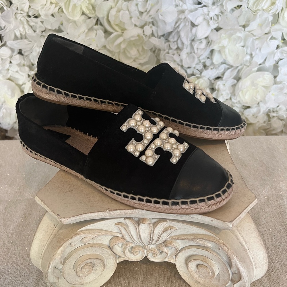 Tory Burch espadrilles. Black suede leather pearl detail. Excellent condition.